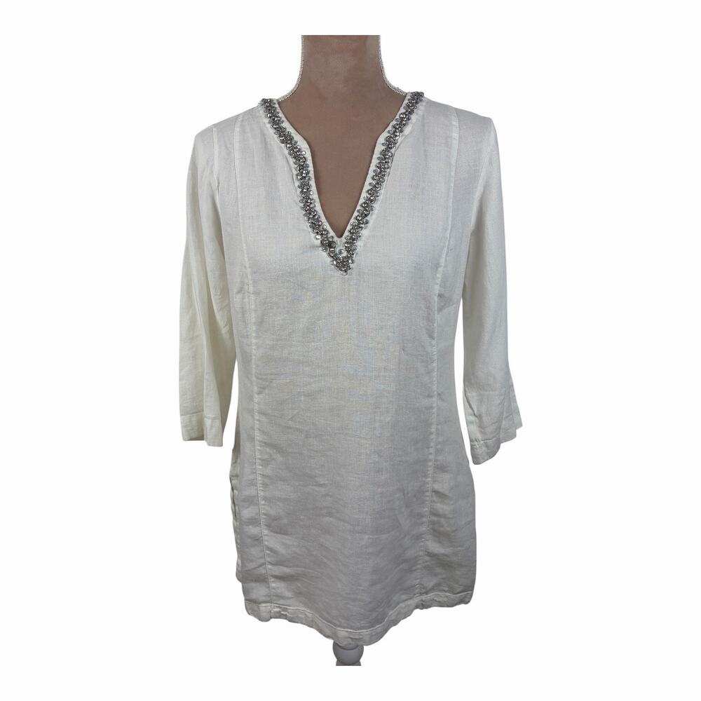 Malvin White Linen Beaded Tunic Top Sz S
